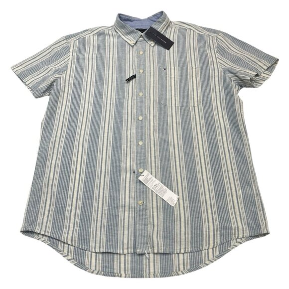 Tommy Hilfiger Shirt Men XXL Blue Striped Linen Blend Button Down Preppy Coastal - Picture 1 of 9